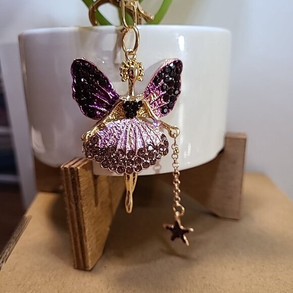 Rhinestone‎ Fairy Ballerina Keychain Purse Charm Gold Tone Purple Wings Star - Picture 4 of 4